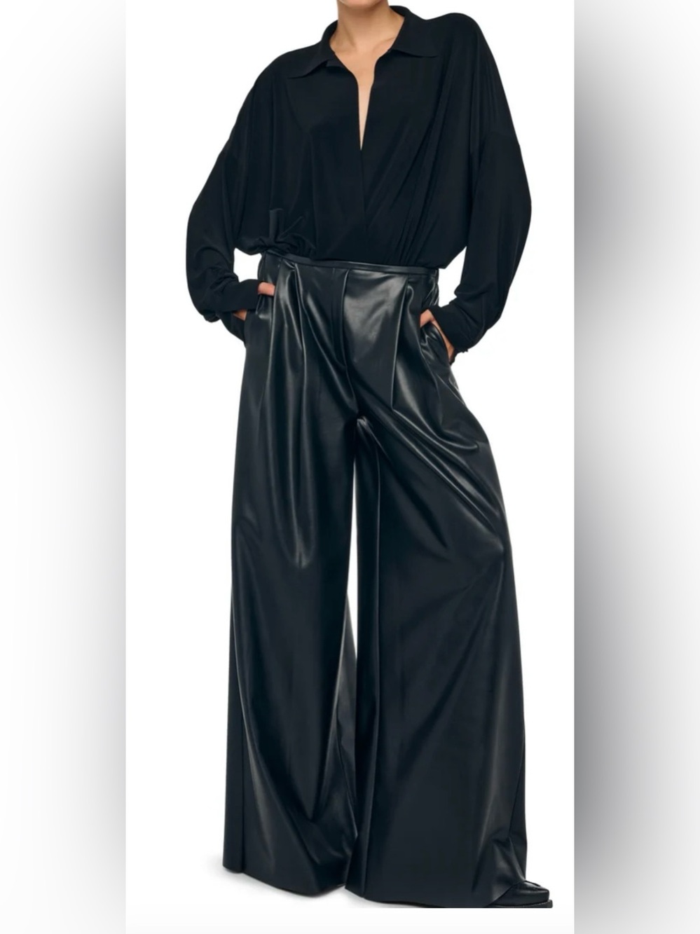 Norma Kamali Black Wide-Leg Faux Leather Pants